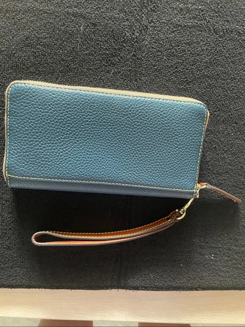 Dooney & Bourke Teal Pebbled Leather Wristlet with Brown Trim